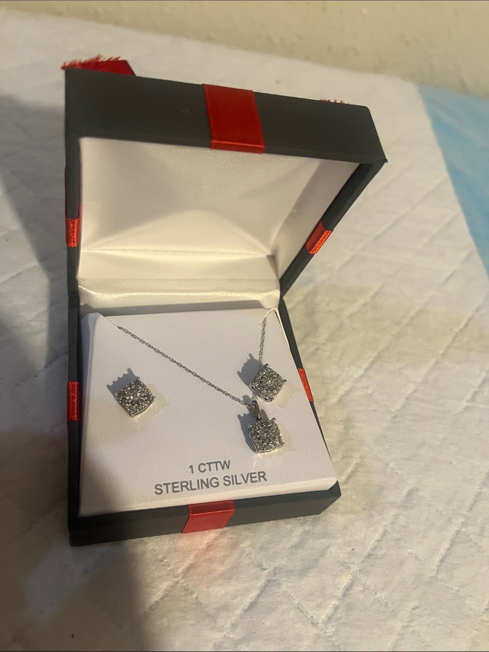 Sterling Silver Square Cubic Zirconia Necklace & Earrings Set - Silver